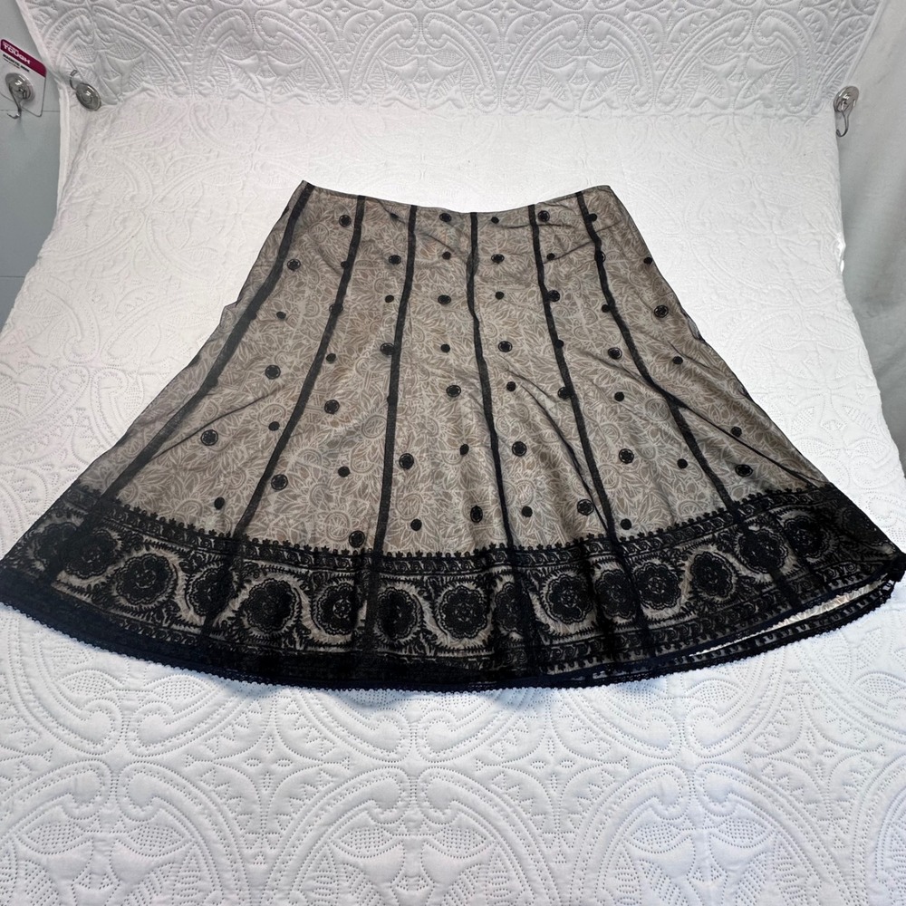 Sigrid Olsen Black Mesh Overlay Silk Lined Embroidered Lace Midi Skirt Size 16